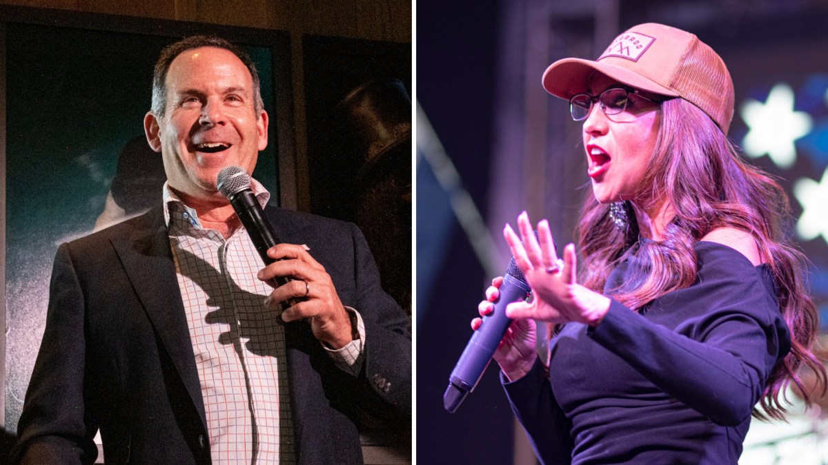 Adam Frisch and Lauren Boebert both talk into microphones.