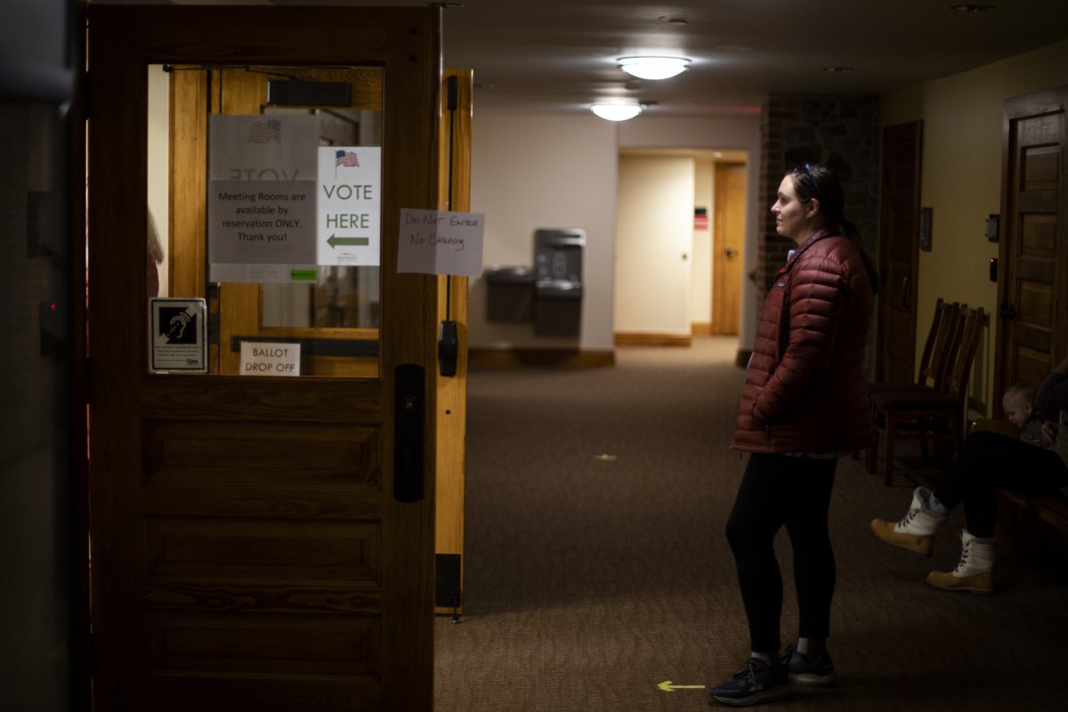 A woman stands in line at the polls.