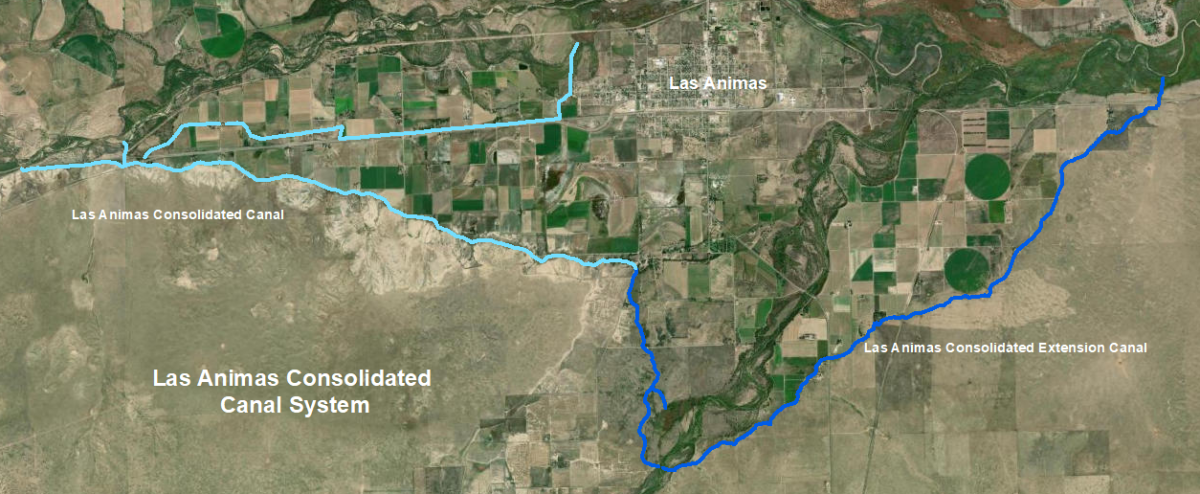 A map showing two canal systems that wrap around the city of Las Animas. The Las Animas Consolidated Canal System is in light blue, the Las Animas Consolidated Extension Canal is in dark blue